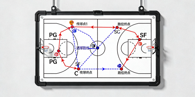 篮球战术分析板，上面画着球员跑位和传球路线