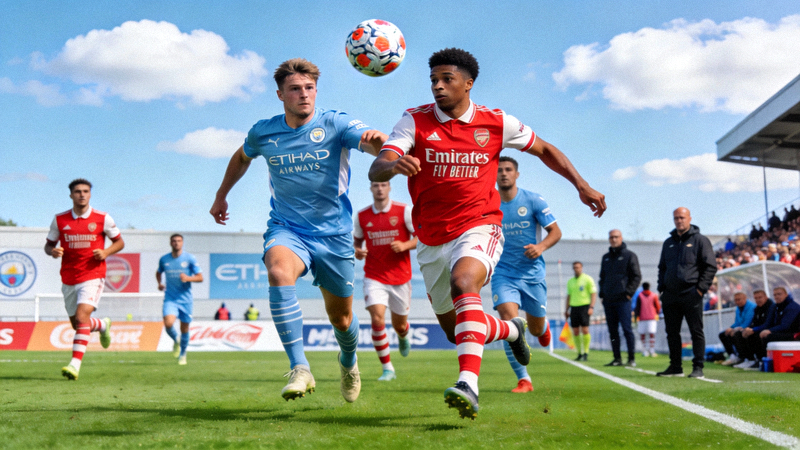 英超足球比赛直播画面，曼城队与阿森纳队球员在绿茵场上争夺